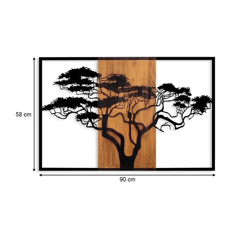 Διακοσμητικό Τοίχου Acacia Tree Ξύλινο - Μεταλλικό Χρώμα Καρυδί - Μαύρο 90x3X58