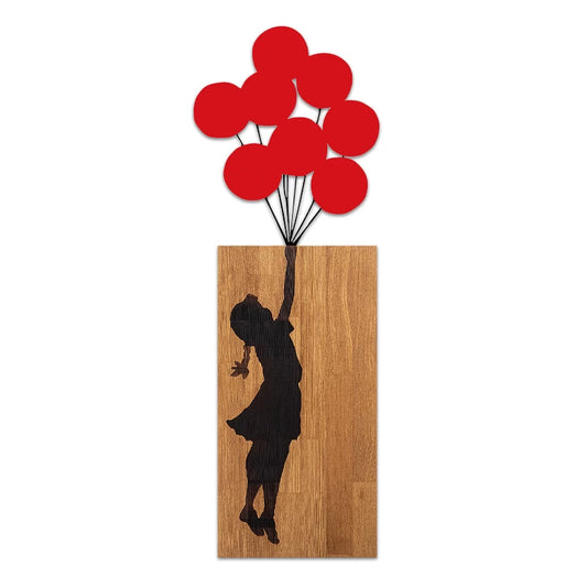 Διακοσμητικό Τοίχου Girl With Balloons Ξύλινο - Μεταλλικό Χρώμα Καρυδί - Κόκκινο 36x3X100