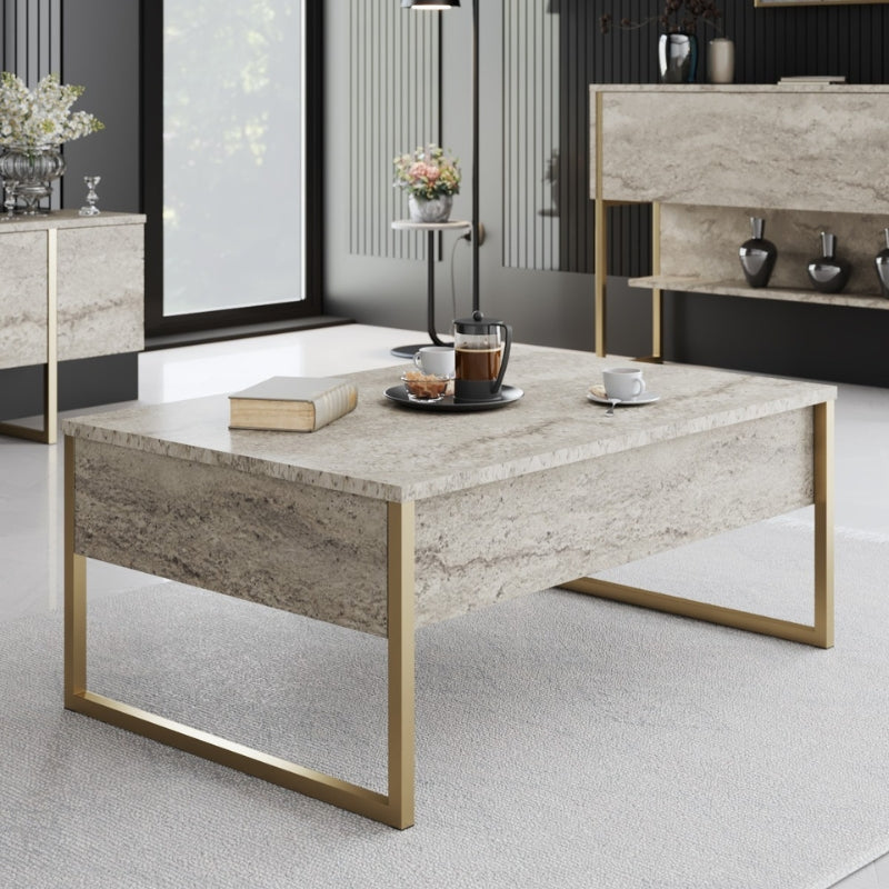 Τραπεζάκι Σαλονιού Luxe Χρώμα Travertine - Χρυσό 90x60x40