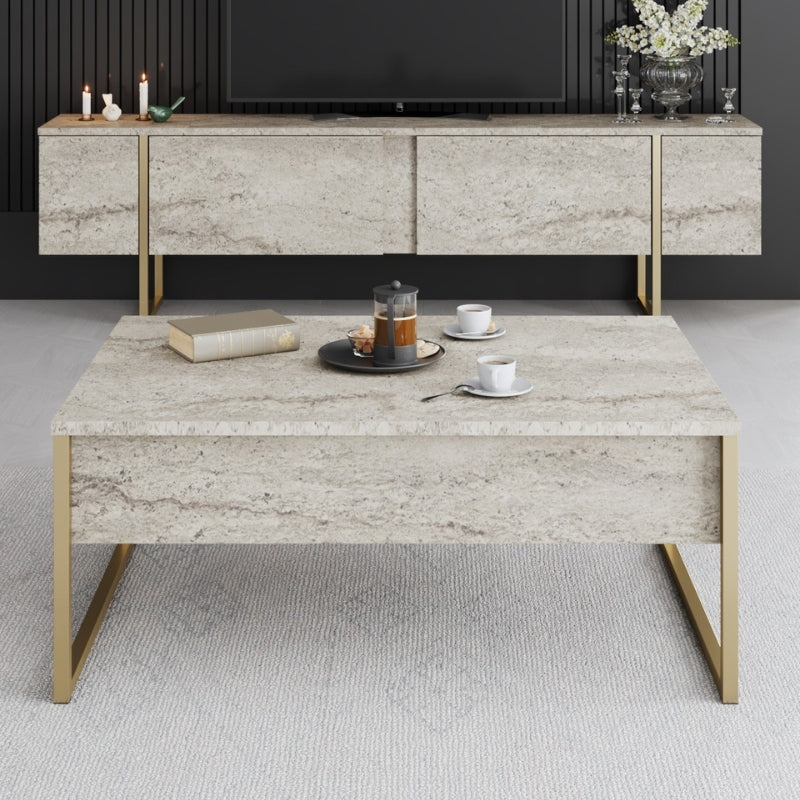 Τραπεζάκι Σαλονιού Luxe Χρώμα Travertine - Χρυσό 90x60x40