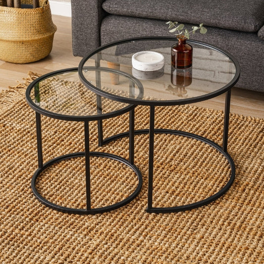 Τραπεζάκι Σαλονιού Σετ 2 Τμχ Vetro Μέταλλο - Γυαλί Χρώμα Μαύρο Ø60x43