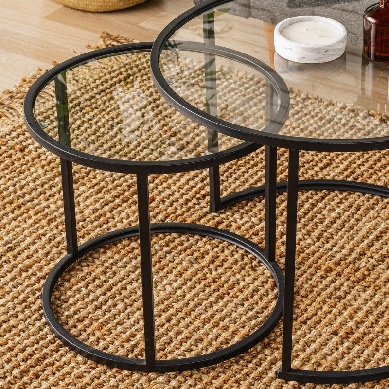 Τραπεζάκι Σαλονιού Σετ 2 Τμχ Vetro Μέταλλο - Γυαλί Χρώμα Μαύρο Ø60x43
