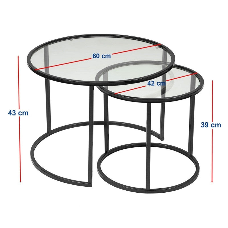 Τραπεζάκι Σαλονιού Σετ 2 Τμχ Vetro Μέταλλο - Γυαλί Χρώμα Μαύρο Ø60x43