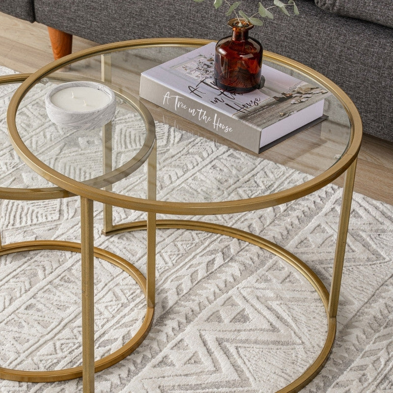 Τραπεζάκι Σαλονιού Σετ 2 Τμχ Vetro Μέταλλο - Γυαλί Χρώμα Χρυσό Ø60x43