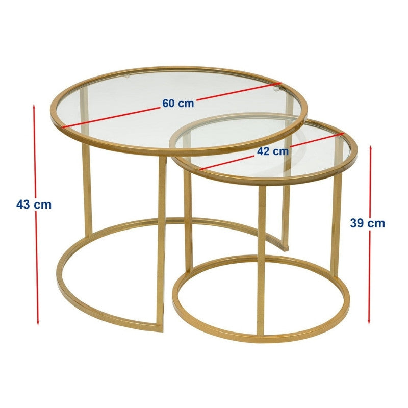 Τραπεζάκι Σαλονιού Σετ 2 Τμχ Vetro Μέταλλο - Γυαλί Χρώμα Χρυσό Ø60x43