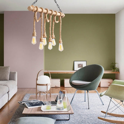 Φωτιστικό Οροφής Giza E27 Ξύλο - Σχοινί Εξάφωτο Χρώμα Φυσικό 80x8x90