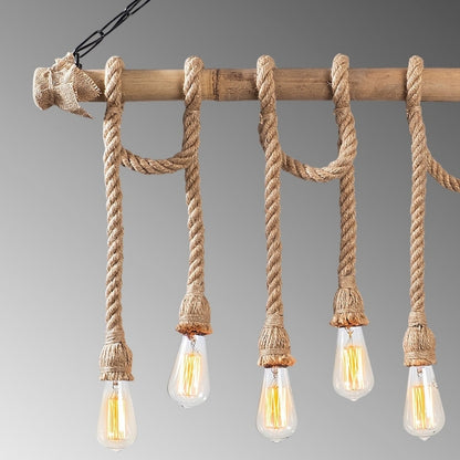 Φωτιστικό Οροφής Giza E27 Ξύλο - Σχοινί Εξάφωτο Χρώμα Φυσικό 80x8x90