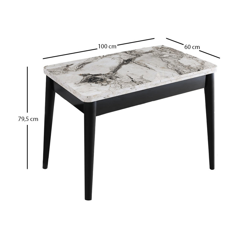 Τραπέζι Dolunay Επεκτεινόμενο Χρώμα Λευκό Εφέ Μαρμάρου - Μαύρο 100x60(120x100)x79,5