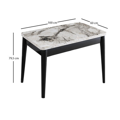 Τραπέζι Dolunay Επεκτεινόμενο Χρώμα Λευκό Εφέ Μαρμάρου - Μαύρο 100x60(120x100)x79,5