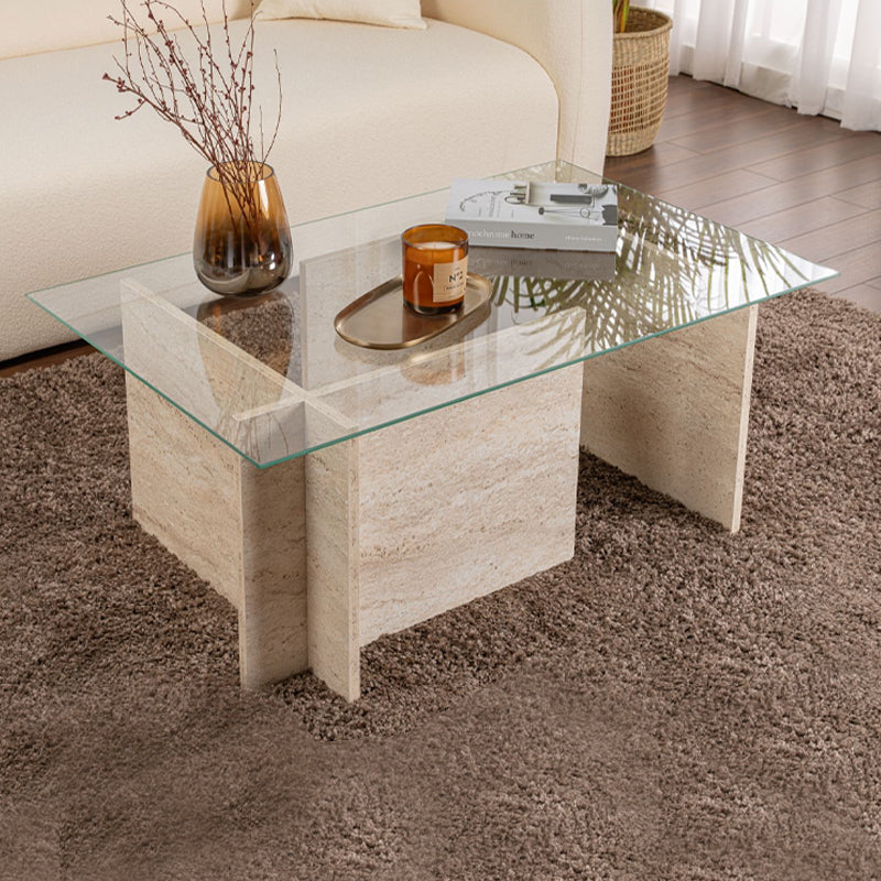 Τραπεζάκι Σαλονιού Vetrino Γυάλινο Χρώμα Travertine 105x65x40