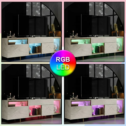Έπιπλο Τηλεόρασης Norm με LED RGB Χρώμα Travertine - Χρυσό 180x32x55