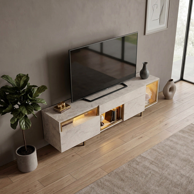 Έπιπλο Τηλεόρασης Norm με LED RGB Χρώμα Travertine - Χρυσό 180x32x55