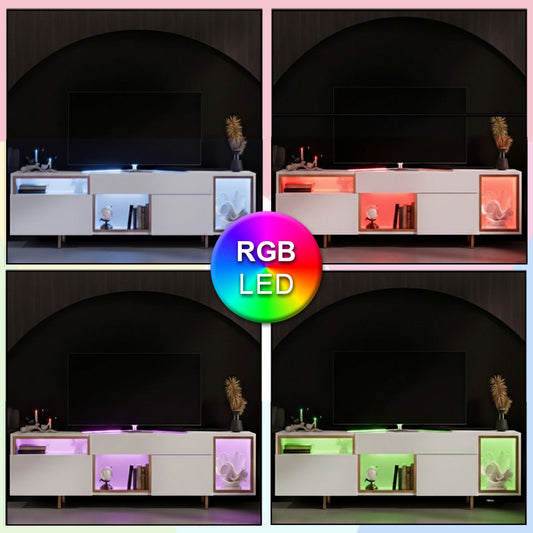 Έπιπλο Τηλεόρασης Norm με LED RGB Χρώμα Λευκό - Χρυσό 180x32x55
