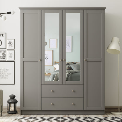 Ντουλάπα Ρούχων Emily Τετράφυλλη με Καθρέπτη και Συρτάρια Χρώμα Ανθρακί 140x50x210