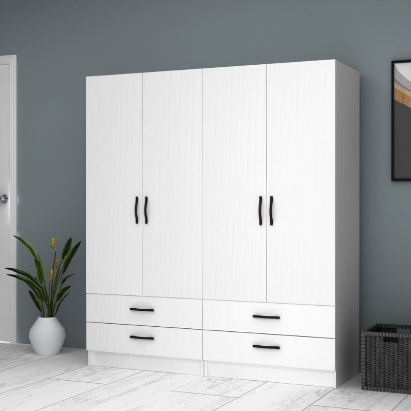 Ντουλάπα Ρούχων Ricardo Τετράφυλλη με Συρτάρια Χρώμα Λευκό 160x51,8x181