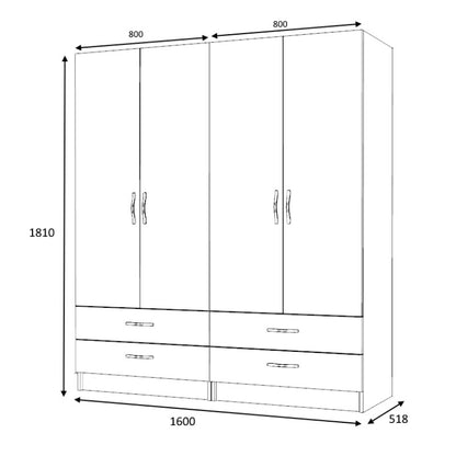 Ντουλάπα Ρούχων Ricardo Τετράφυλλη με Συρτάρια Χρώμα Λευκό 160x51,8x181