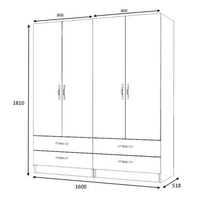 Ντουλάπα Ρούχων Ricardo Τετράφυλλη Χρώμα Καρυδί 160x51,8x181