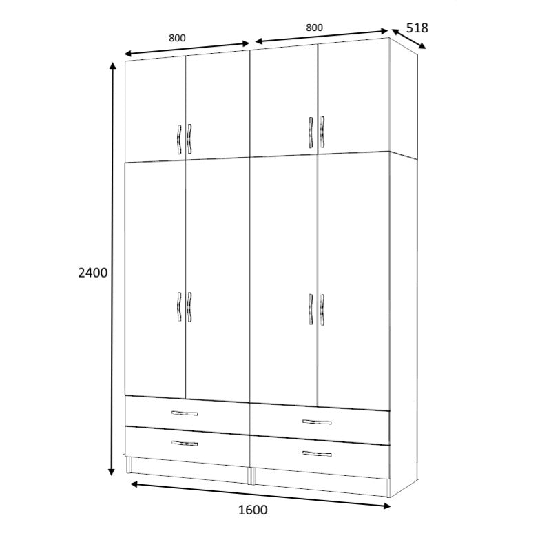 Ντουλάπα Ρούχων Ricardo Τετράφυλλη με Πατάρι Χρώμα Φυσικό Οξιάς 160x51,8x240