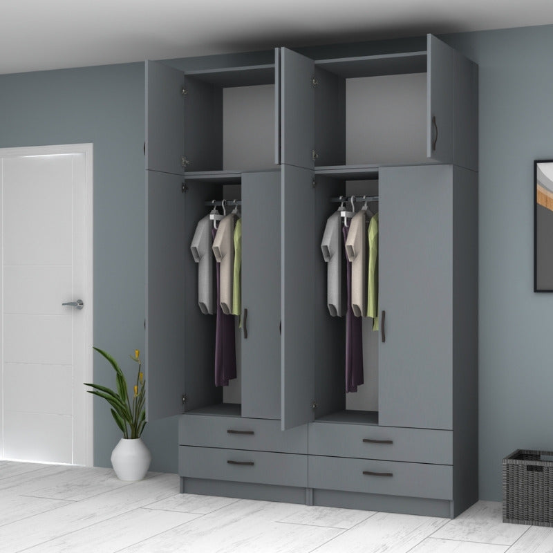 Ντουλάπα Ρούχων Ricardo Τετράφυλλη με Πατάρι Χρώμα Ανθρακί 160x51,8x240