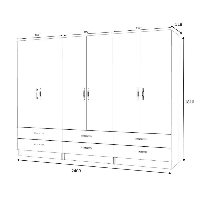 Ντουλάπα Ρούχων Ricardo Εξάφυλλη Χρώμα Λευκό 240x51,8x181