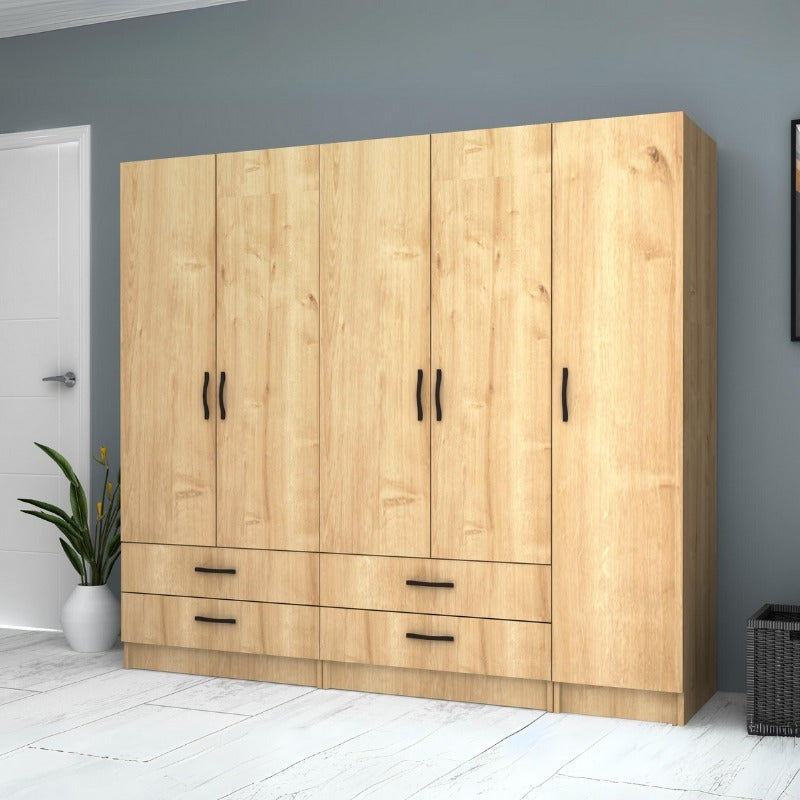 Ντουλάπα Ρούχων Ricardo Πεντάφυλλη Χρώμα Φυσικό Οξιάς 200x51,8x181