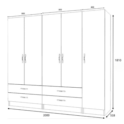 Ντουλάπα Ρούχων Ricardo Πεντάφυλλη Χρώμα Καρυδί 200x51,8x181