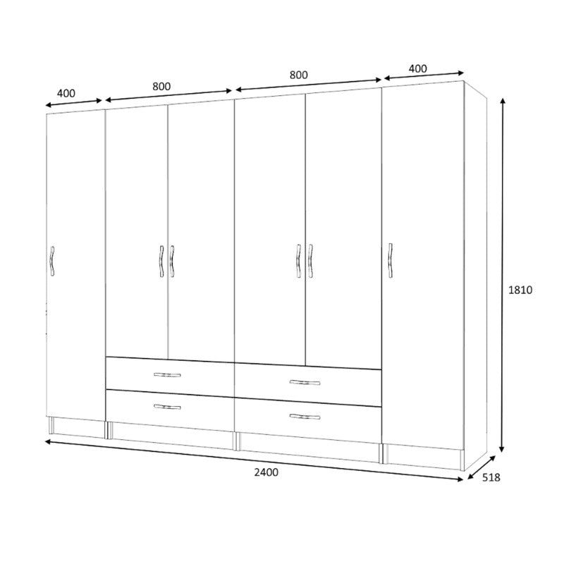 Ντουλάπα Ρούχων Ricardo Εξάφυλλη Χρώμα Λευκό 240x51,8x181