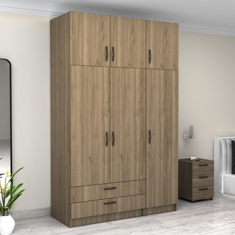 Ντουλάπα Ρούχων Victoria Τρίφυλλη με Πατάρι και Συρτάρια Χρώμα Καρυδί 150x60x240