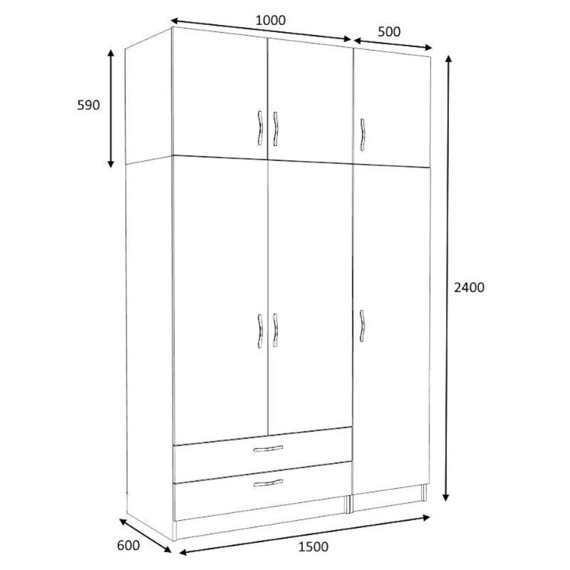 Ντουλάπα Ρούχων Victoria Τρίφυλλη με Πατάρι και Συρτάρια Χρώμα Καρυδί 150x60x240