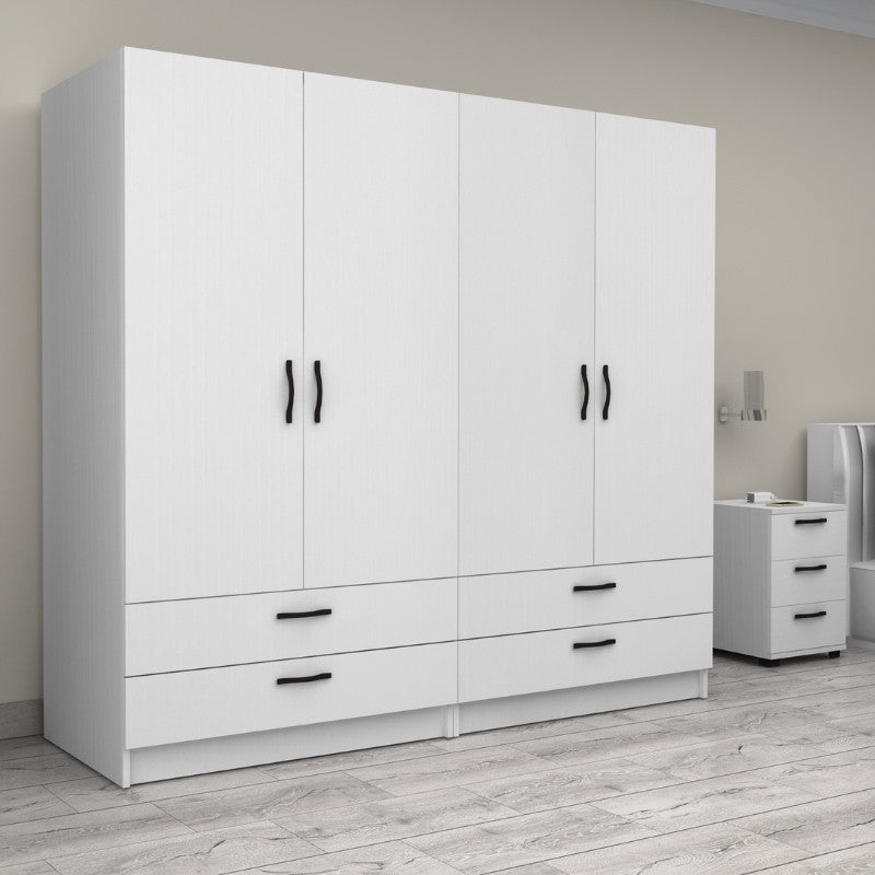 Ντουλάπα Ρούχων Victoria Τετράφυλλη με Συρτάρια Χρώμα Λευκό 200x60x181