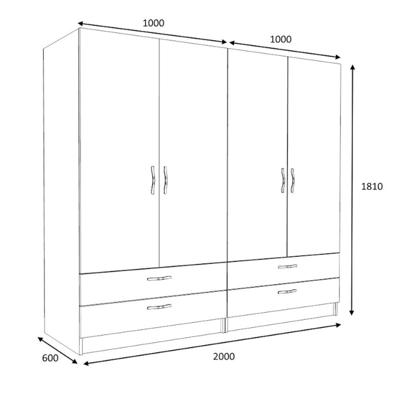 Ντουλάπα Ρούχων Victoria Τετράφυλλη με Συρτάρια Χρώμα Λευκό 200x60x181