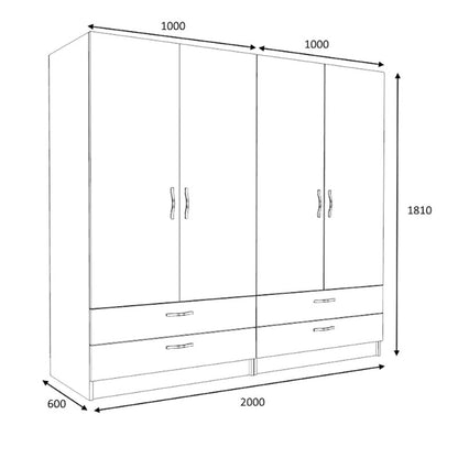 Ντουλάπα Ρούχων Victoria Τετράφυλλη με Συρτάρια Χρώμα Λευκό 200x60x181