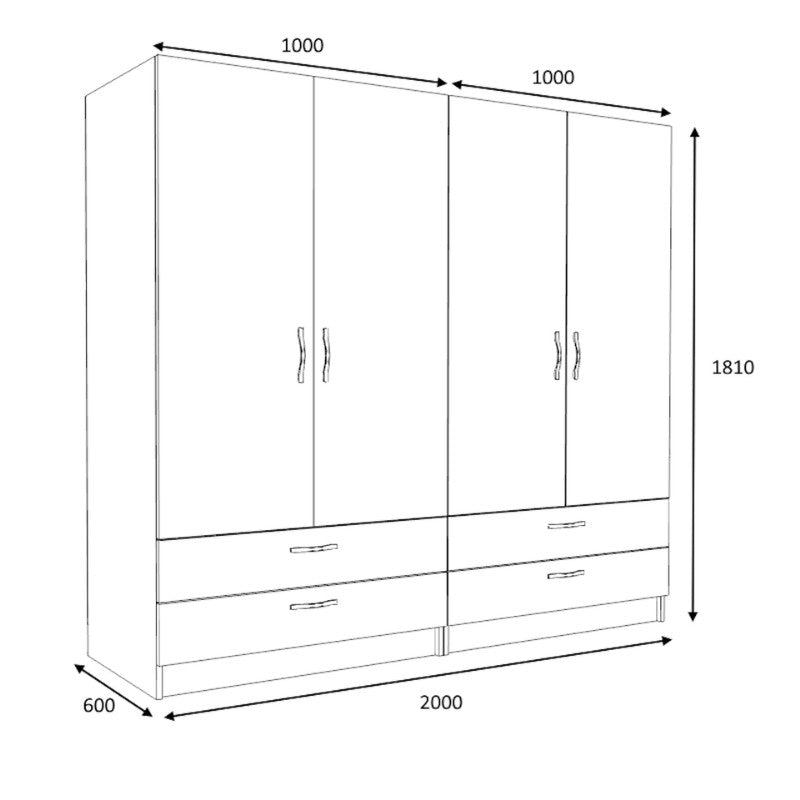 Ντουλάπα Ρούχων Victoria Τετράφυλλη με Συρτάρια Χρώμα Καρυδί 200x60x181