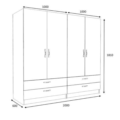 Ντουλάπα Ρούχων Victoria Τετράφυλλη με Συρτάρια Χρώμα Καρυδί 200x60x181
