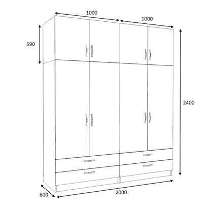 Ντουλάπα Ρούχων Victoria Τετράφυλλη με Πατάρι και Συρτάρια Χρώμα Λευκό 200x60x240