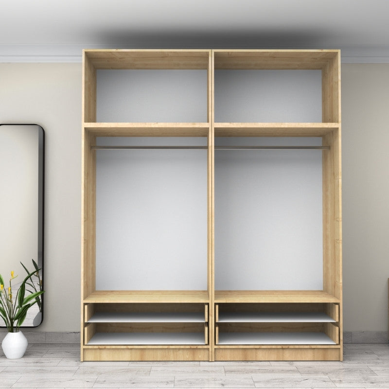 Ντουλάπα Ρούχων Victoria Τετράφυλλη με Πατάρι και Συρτάρια Χρώμα Φυσικό Οξιάς 200x60x240