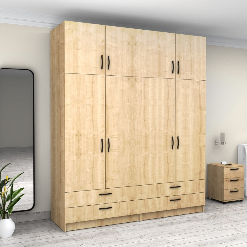 Ντουλάπα Ρούχων Victoria Τετράφυλλη με Πατάρι και Συρτάρια Χρώμα Φυσικό Οξιάς 200x60x240