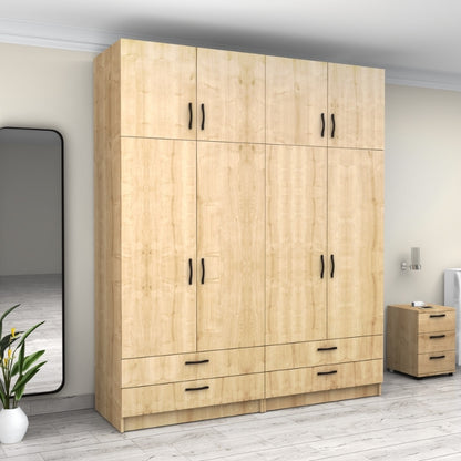 Ντουλάπα Ρούχων Victoria Τετράφυλλη με Πατάρι και Συρτάρια Χρώμα Φυσικό Οξιάς 200x60x240