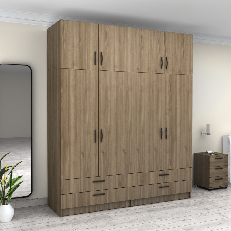 Ντουλάπα Ρούχων Victoria Τετράφυλλη με Πατάρι και Συρτάρια Χρώμα Καρυδί 200x60x240