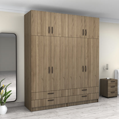 Ντουλάπα Ρούχων Victoria Τετράφυλλη με Πατάρι και Συρτάρια Χρώμα Καρυδί 200x60x240