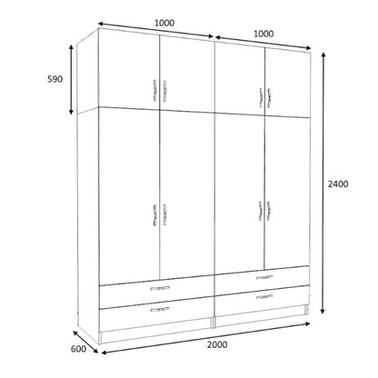 Ντουλάπα Ρούχων Victoria Τετράφυλλη με Πατάρι και Συρτάρια Χρώμα Καρυδί 200x60x240