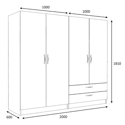Ντουλάπα Ρούχων Victoria Τετράφυλλη με Συρτάρια Χρώμα Καρυδί 200x60x181