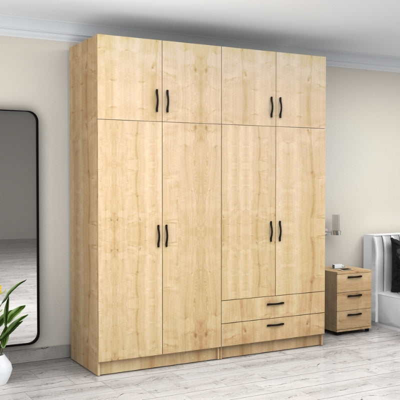 Ντουλάπα Ρούχων Victoria Τετράφυλλη με Πατάρι και Συρτάρια Χρώμα Φυσικό Οξιάς 200x60x240