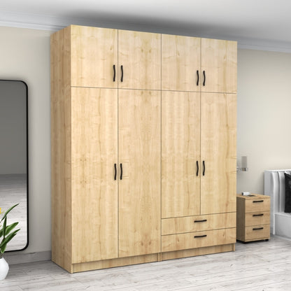 Ντουλάπα Ρούχων Victoria Τετράφυλλη με Πατάρι και Συρτάρια Χρώμα Φυσικό Οξιάς 200x60x240