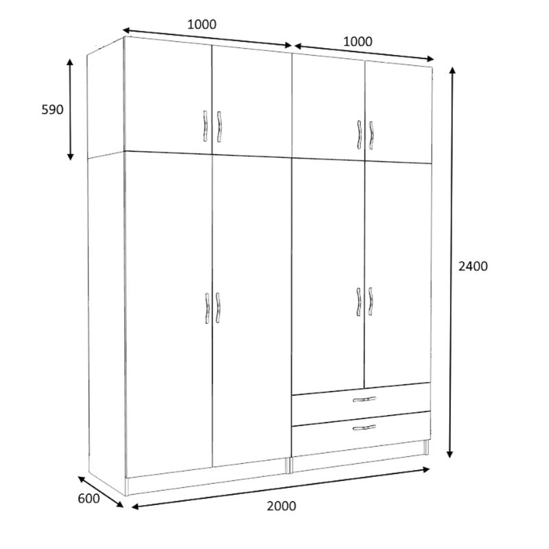 Ντουλάπα Ρούχων Victoria Τετράφυλλη με Πατάρι και Συρτάρια Χρώμα Καρυδί 200x60x240