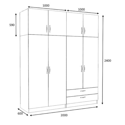 Ντουλάπα Ρούχων Victoria Τετράφυλλη με Πατάρι και Συρτάρια Χρώμα Καρυδί 200x60x240
