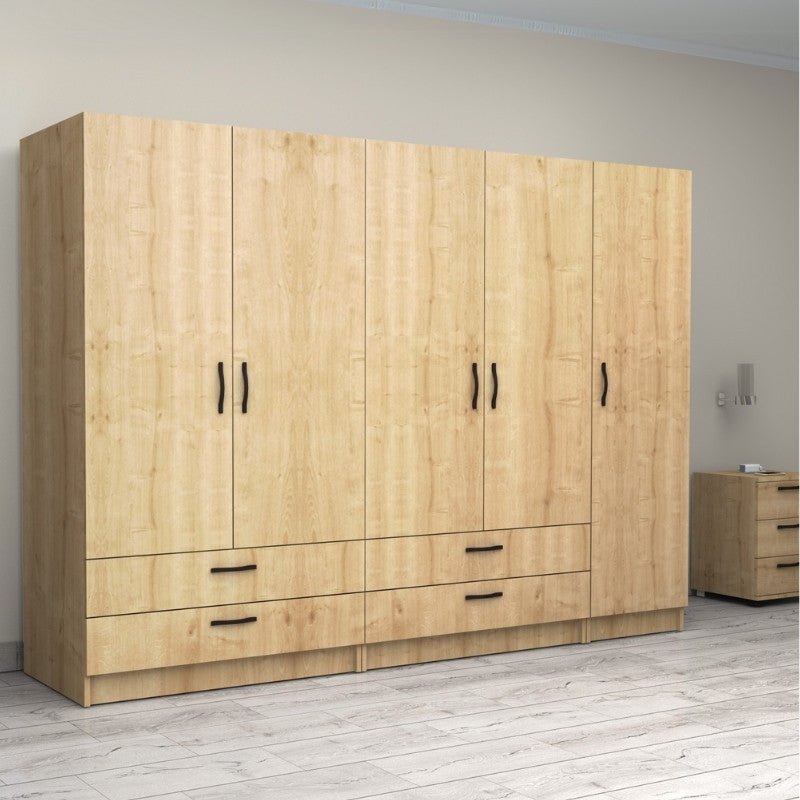 Ντουλάπα Ρούχων Victoria Πεντάφυλλη με Συρτάρια Χρώμα Φυσικό Οξιάς 250x60x181