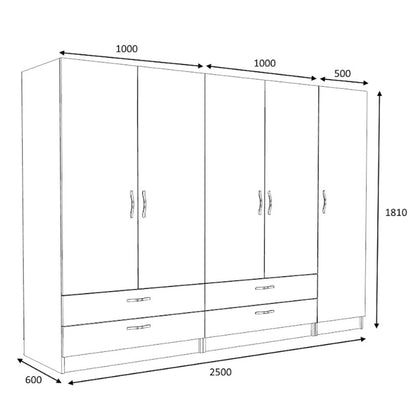 Ντουλάπα Ρούχων Victoria Πεντάφυλλη με Συρτάρια Χρώμα Φυσικό Οξιάς 250x60x181