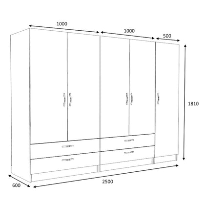 Ντουλάπα Ρούχων Victoria Πεντάφυλλη με Συρτάρια Χρώμα Καρυδί 250x60x181