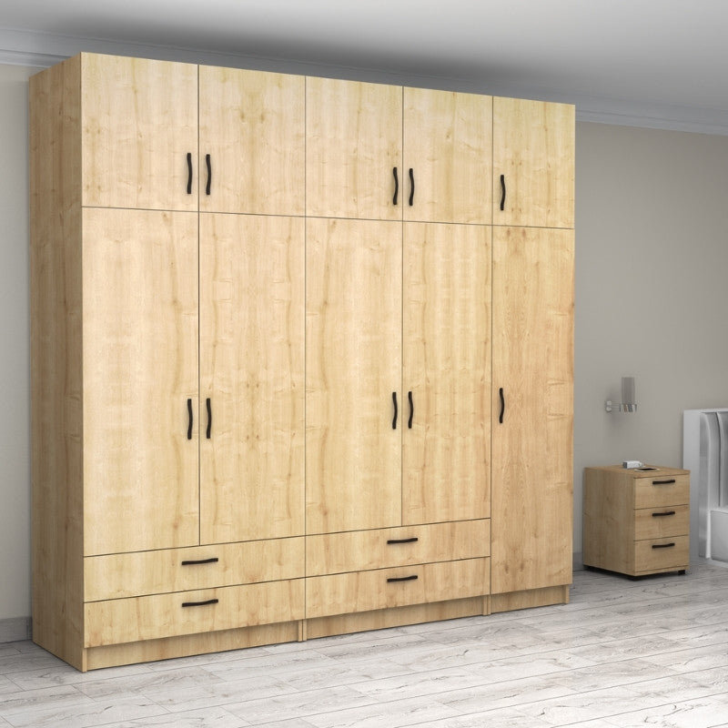 Ντουλάπα Ρούχων Victoria Πεντάφυλλη με Πατάρι και Συρτάρια Χρώμα Φυσικό Οξιάς 250x60x240